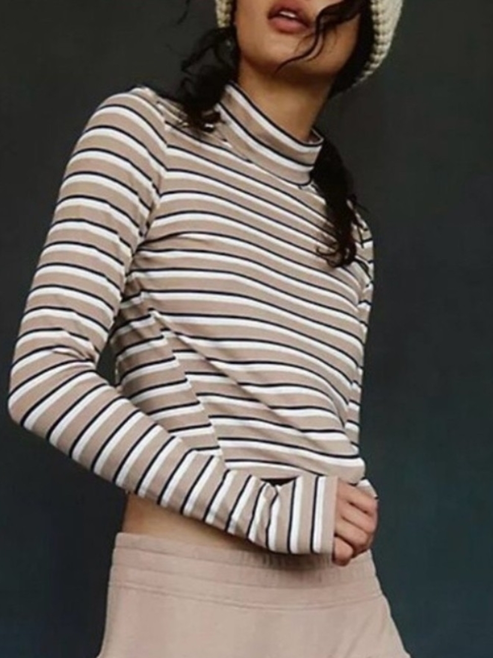 FP Movement by Free People Beige and Navy Striped Mock Neck Top